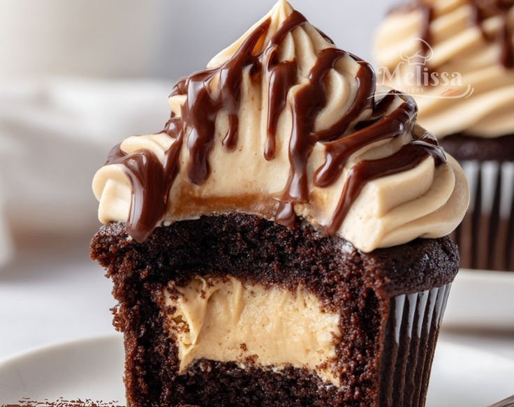 Coffee Cream Filled Chocolate Cupcakes with Espresso Buttercream and Ganache Drizzle