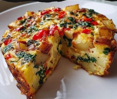 Frittata Fácil con Papas, Pimientos Rojos y Espinacas
