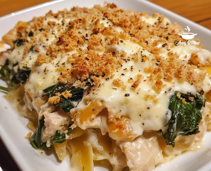 Spinach Chicken Casserole with Cream Cheese and Mozzarella