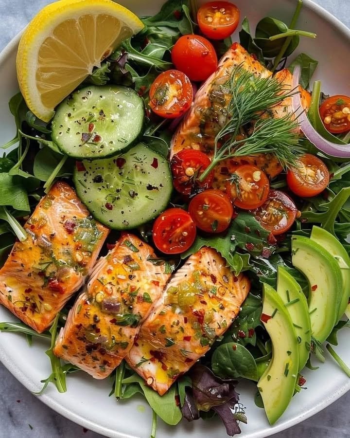 Salmon, Cucumber, and Avocado Salad with Lemon Vinaigrette