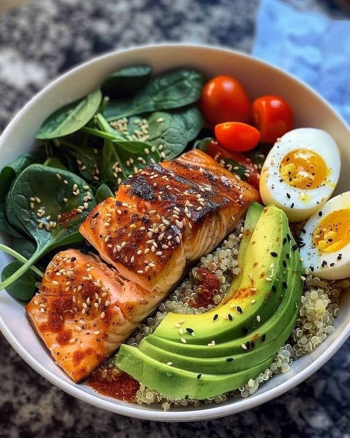 Grilled Salmon and Quinoa Power Bowl with Avocado and Eggs