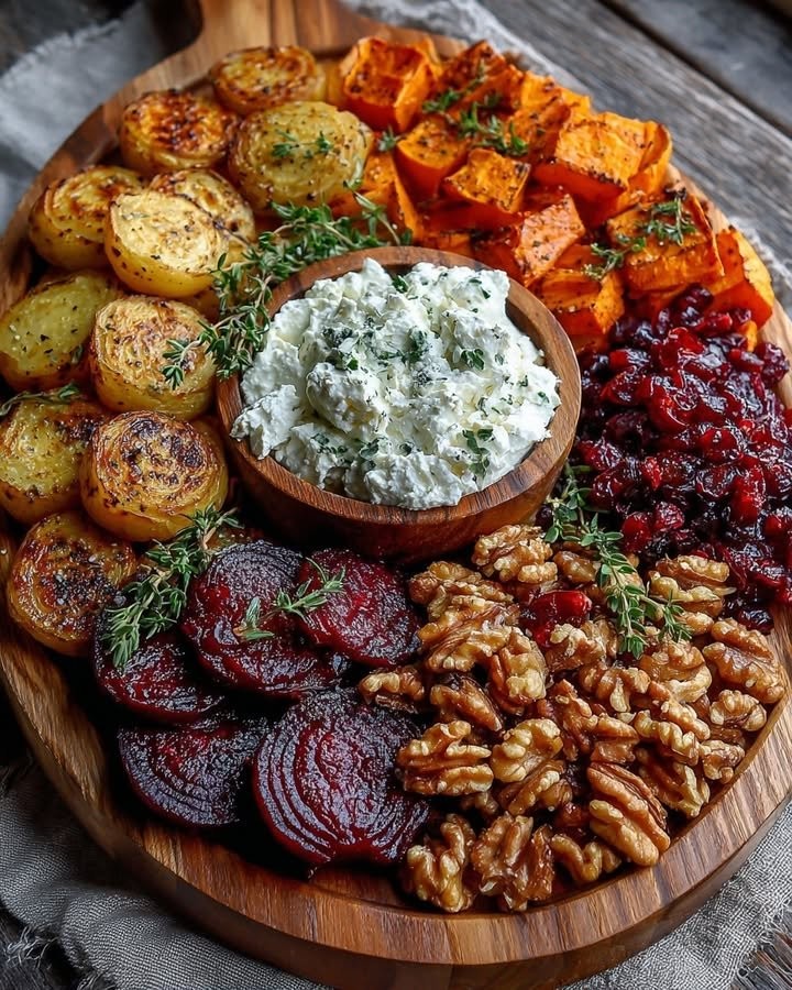 Roasted Beet & Sweet Potato Christmas Board with Whipped Feta & Cranberries