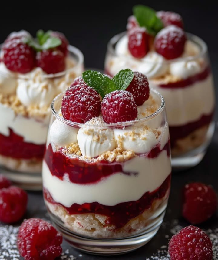 Himbeer-Verrines mit Mascarpone und Baiser-Stücken