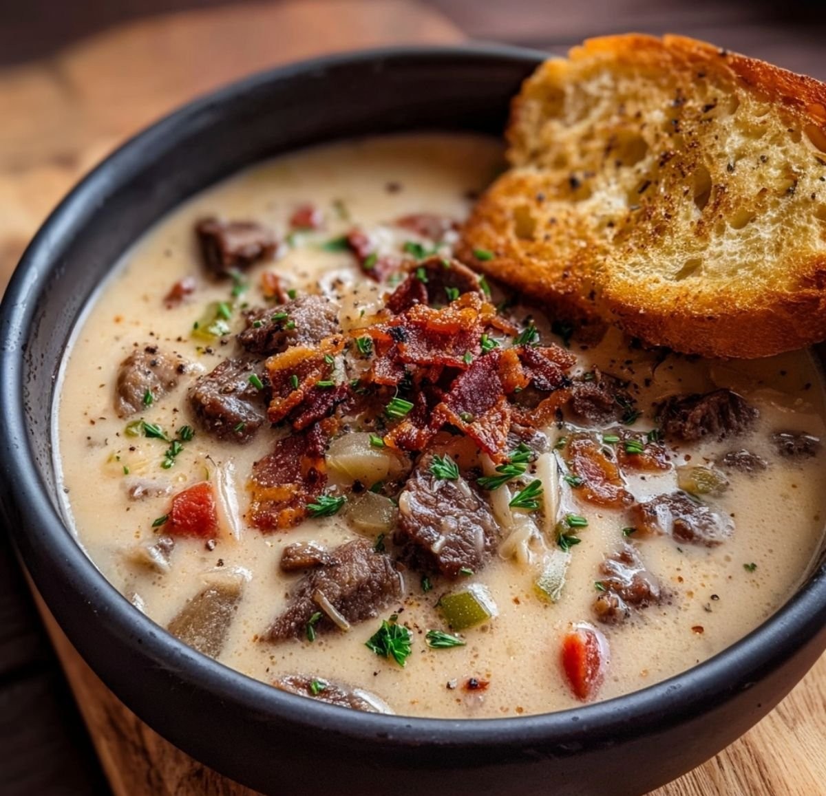 One-Pot Philly Cheesesteak Soup with Bacon and Cheesy Toast