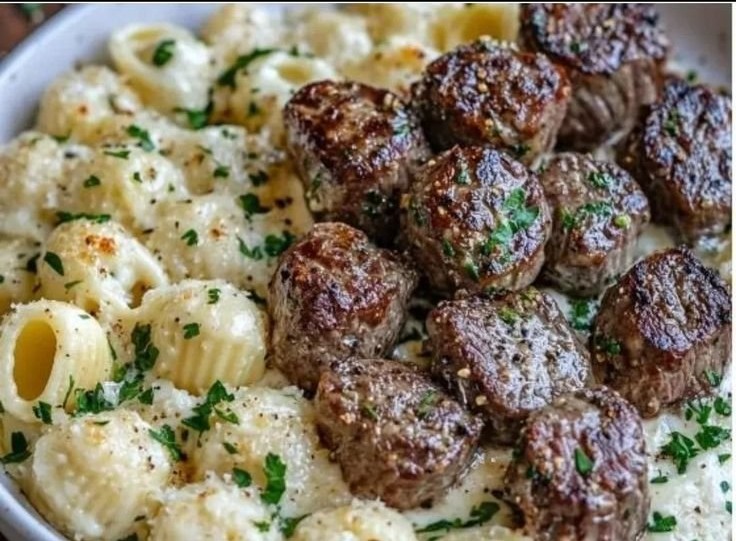 Garlic Butter Steak Bites with Creamy Parmesan Alfredo Shells