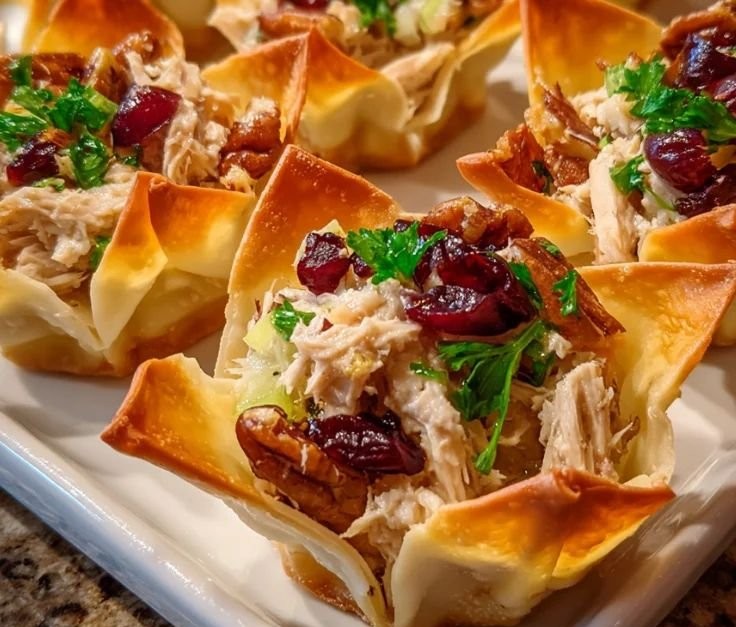 Crispy Cranberry Pecan Chicken Salad Wonton Cups