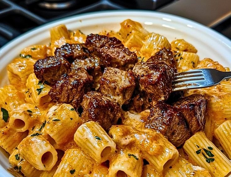 Cajun Steak Tips with Cheesy Rigatoni