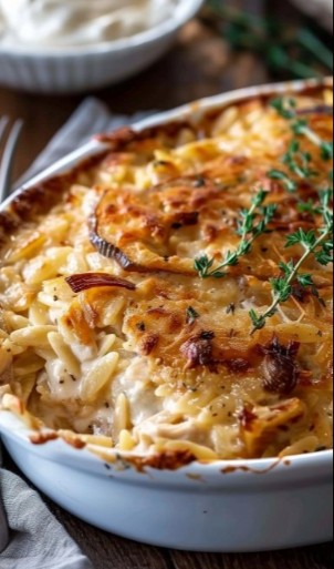 French Onion Chicken Orzo Casserole
