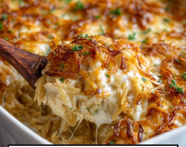 French Onion Chicken Orzo Casserole