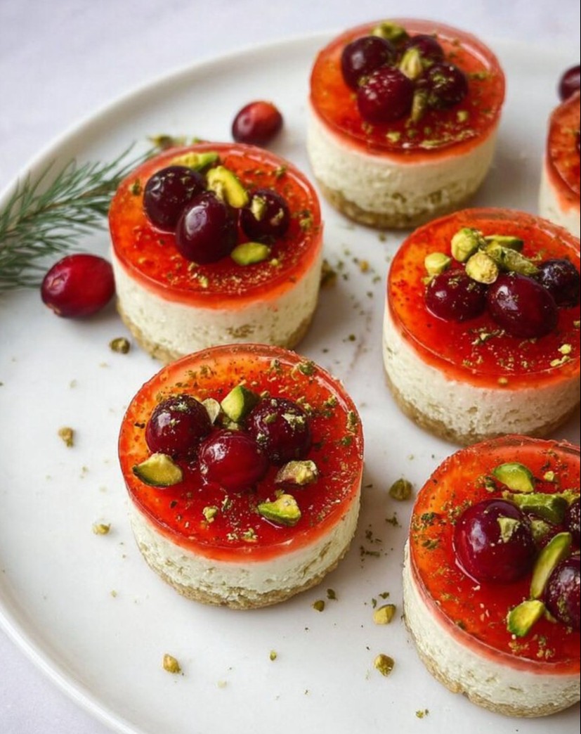 Pistachio Cranberry No-Bake Mini Cheesecakes