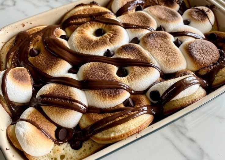 Chocolate Marshmallow Pancake Casserole