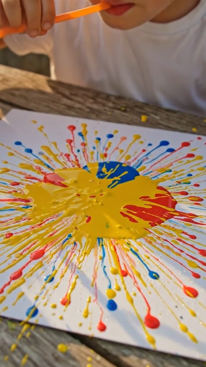 Fireworks straw painting creates spectacular bursting paint patterns using simple straws and vibrant colors ✨ A fun art activity for kids. Save this project!