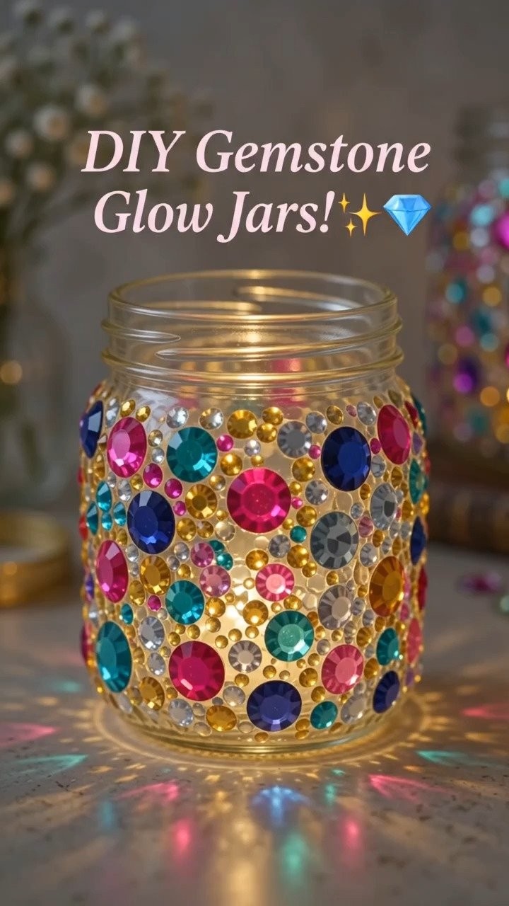 DIY gemstone glow jar sparkles with colorful glowing gems and magical light effects ✨ A mesmerizing sensory DIY. Save this project!
