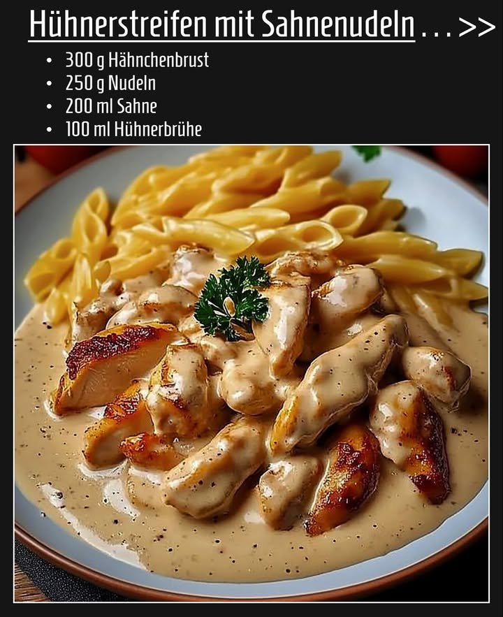 Cremige Hähnchenstreifen mit Nudeln