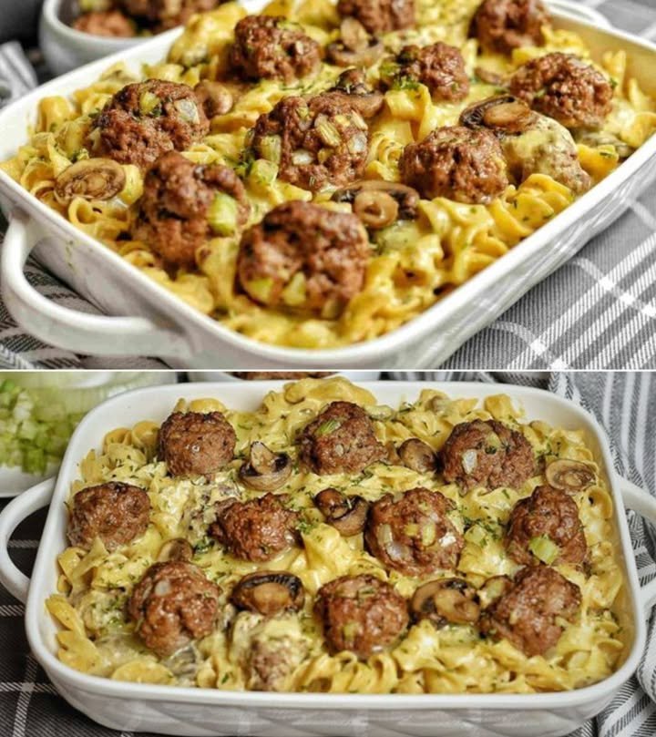 Noodles with mushroom sauce and meatballs