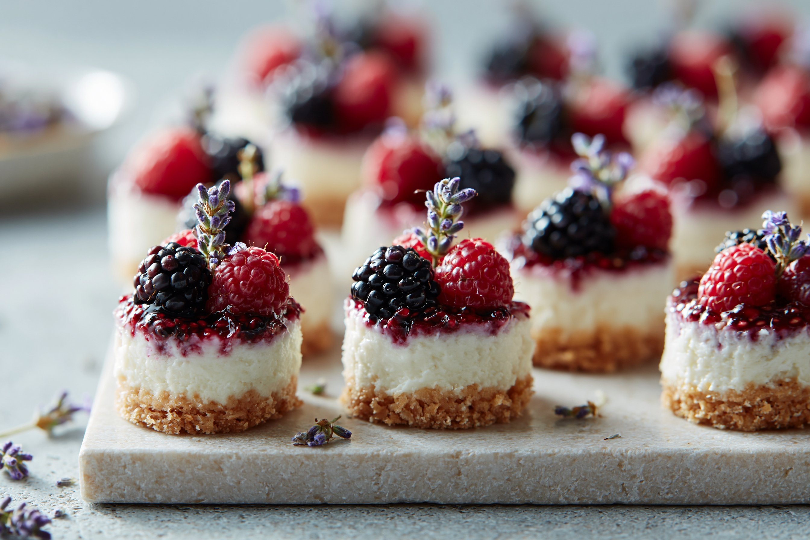 Mini Blackberry Lavender Cheesecakes
