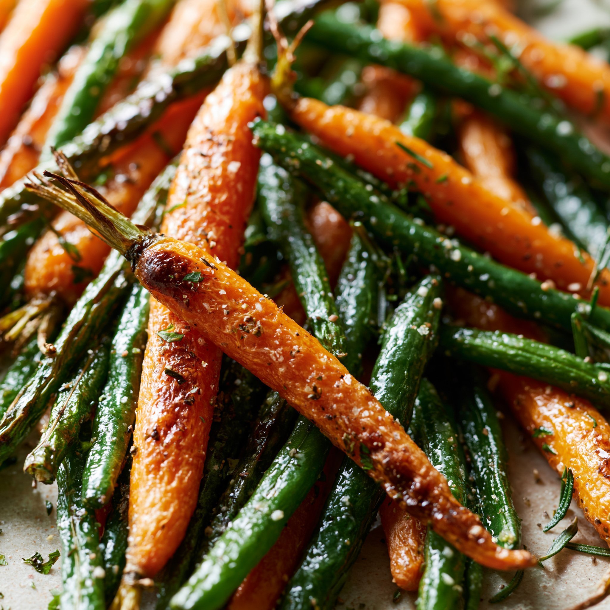 Crispy Roasted Carrots und grüne Bohnen