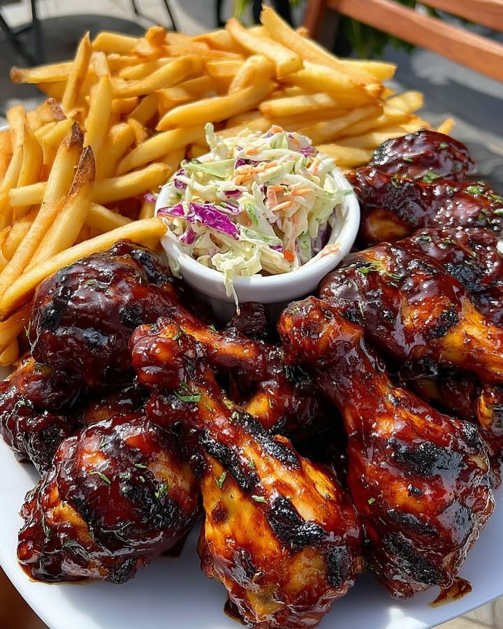 Sticky BBQ Chicken Drumsticks With Fries And Coleslaw