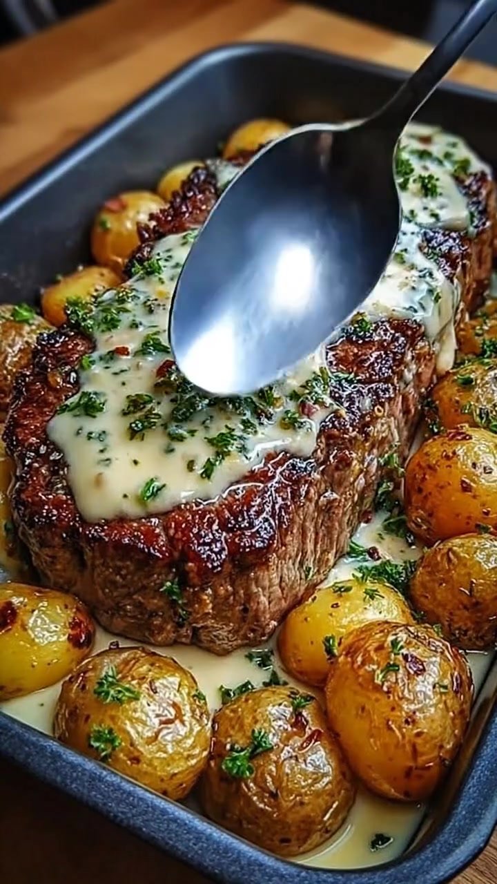 Cremige Knoblauchbutter-Steaks mit gerösteten Babykartoffeln