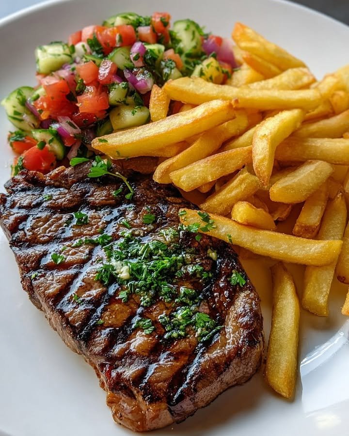 Grilled Ribeye Steak with French Fries & Mediterranean Tomato Salad