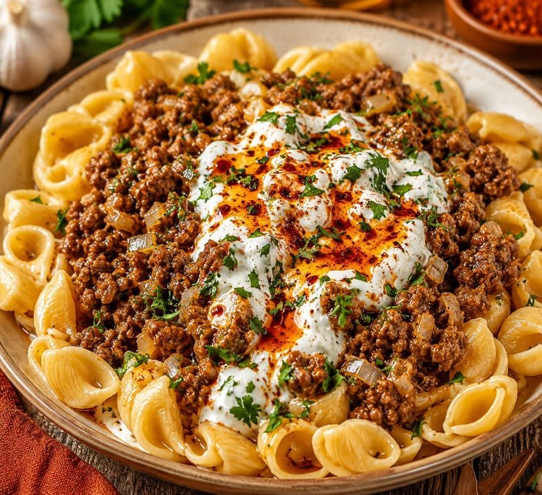 Cremige Knoblauch-Butter-Pasta mit Hackfleisch
