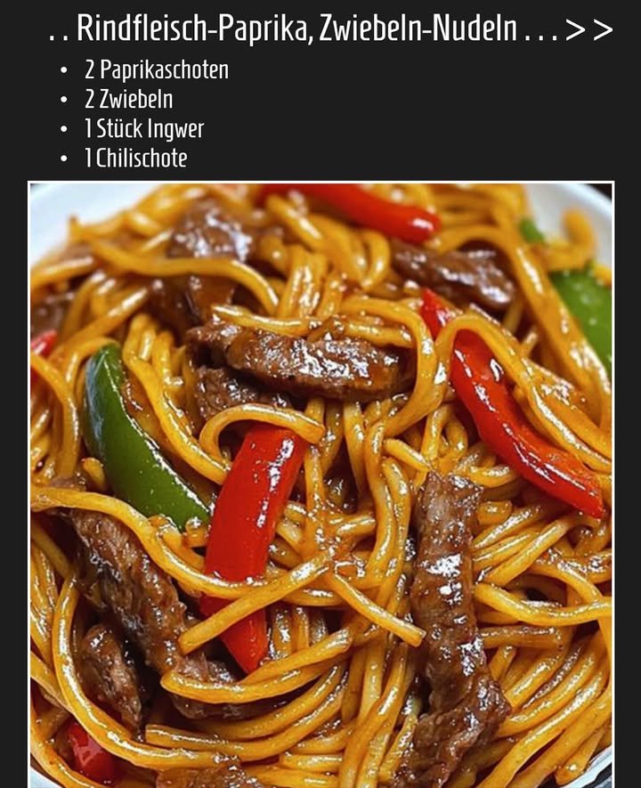 Leckeres Rindfleisch mit Paprika, Zwiebeln & Nudeln