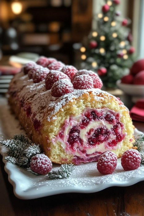 Weihnachts-Himbeer-Kuchenrolle