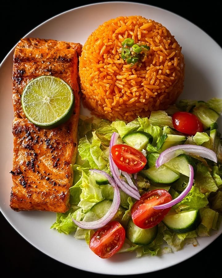 Zesty Lime Salmon With Spanish Rice And Garden Salad