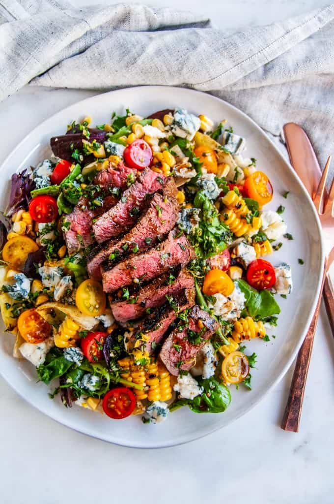 Balsamic Steak Gorgonzola Salad with Grilled Corn
