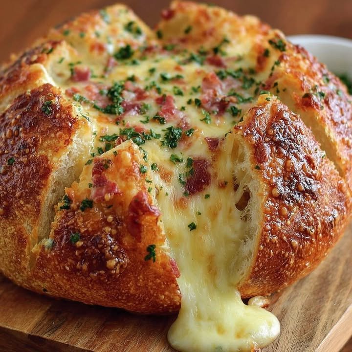 Cheese-Crusted Bread with Mozzarella and Bacon Bits