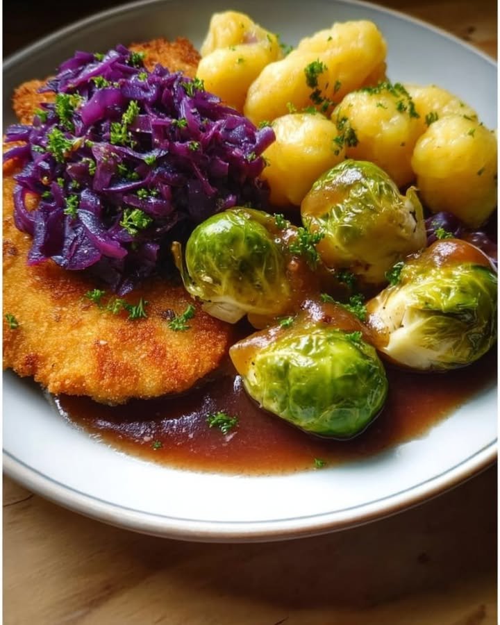 Knuspriges Schnitzel mit Rosenkohl, Rotkohl & Kartoffelknödel