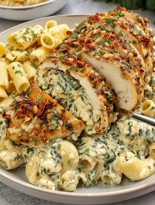 Creamy Stuffed Chicken with Spinach Rigatoni