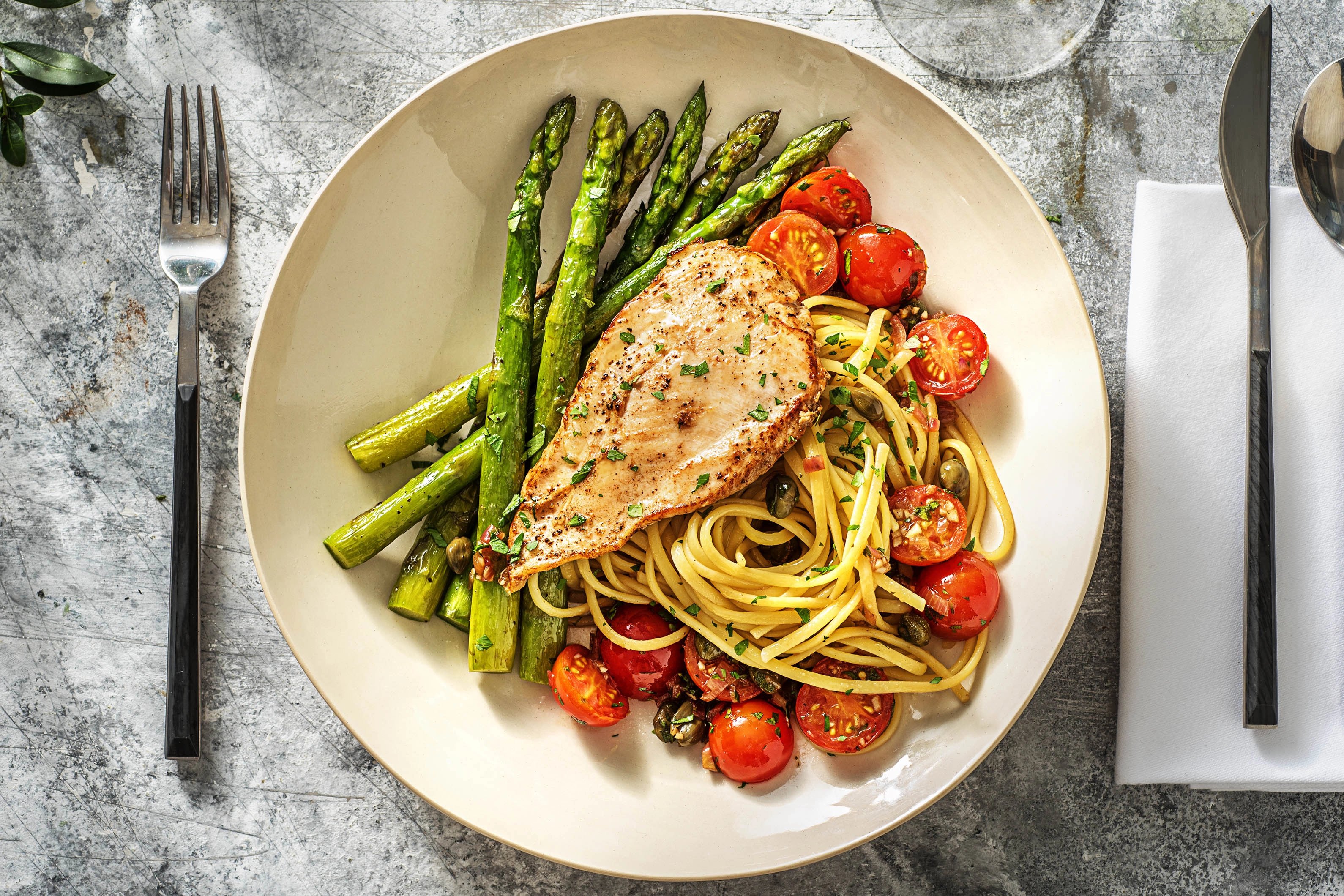Chicken Piccata with Green Asparagus and Linguine