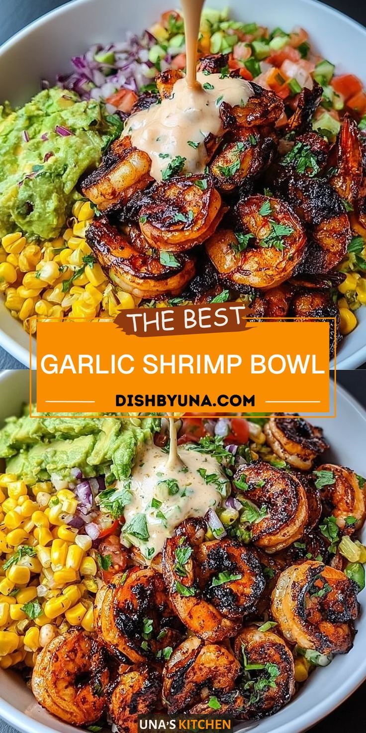 Grilled Shrimp Bowl with Avocado, Corn Salsa & Creamy Garlic Sauce