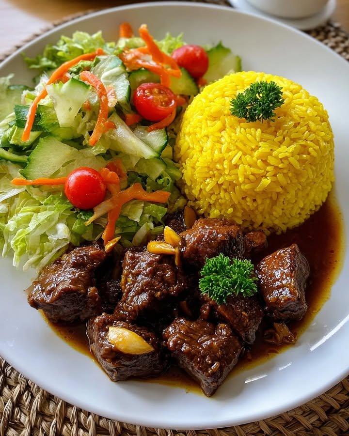 Garlic Beef Bites with Yellow Rice & Garden Salad