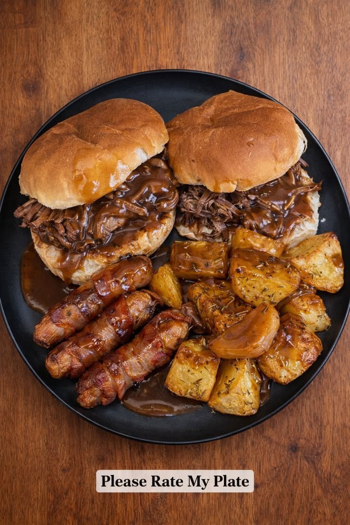 Slow Cooked Beef Buns with Roasties and Pigs in Blankets
