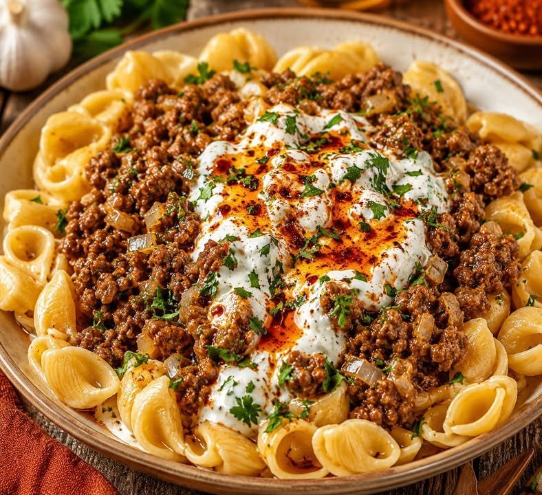 Cremige Knoblauch-Butter-Pasta mit Hackfleisch