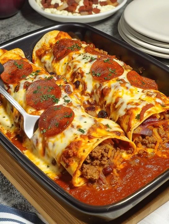 Pizza Enchiladas with Ground Beef & Pepperoni