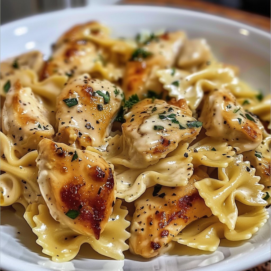 Cheesy Garlic Butter Chicken Bowties with Mozzarella Cream Sauce
