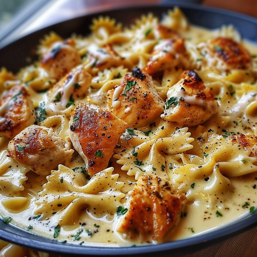 Cheesy Garlic Butter Chicken Bowties with Mozzarella Cream Sauce