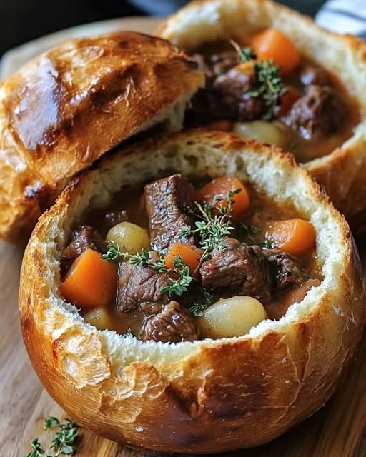 Hearty Beef Stew in Bread Bowls