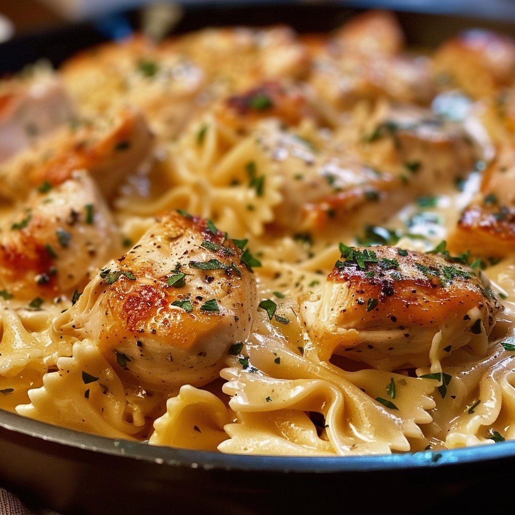 One Pan Creamy Garlic Chicken & Cheesy Bowtie Pasta
