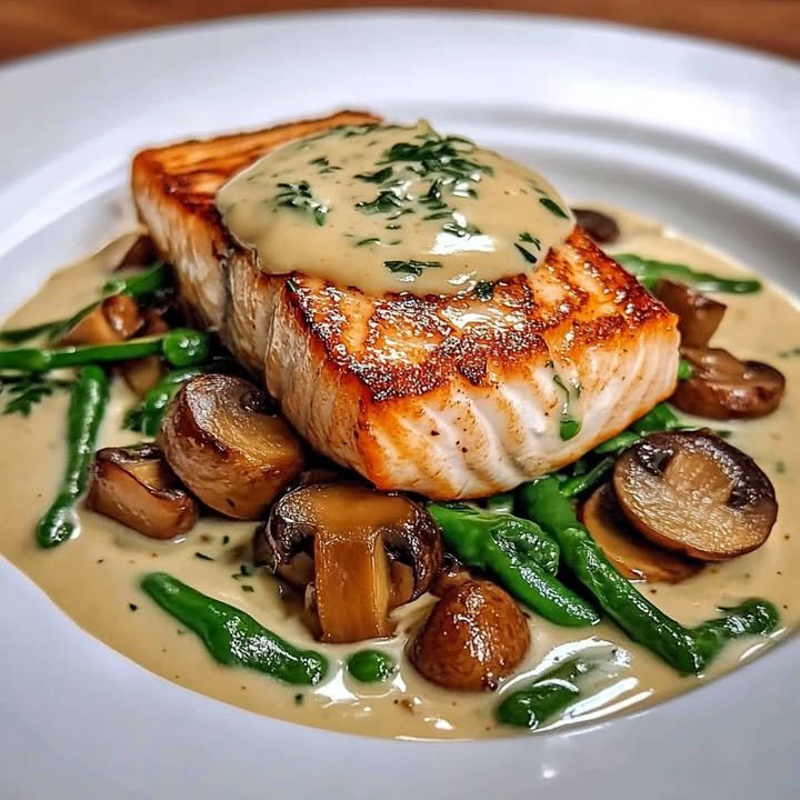 Salmon with Garlic Butter, Spinach, and Mushrooms in a Creamy Sauce