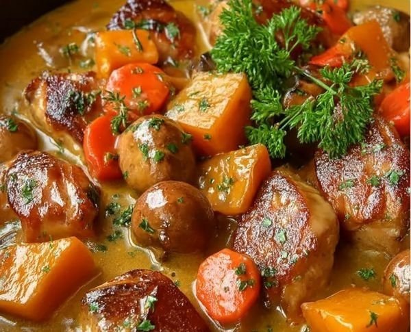 Blanquette de dinde avec des châtaignes et de la courge