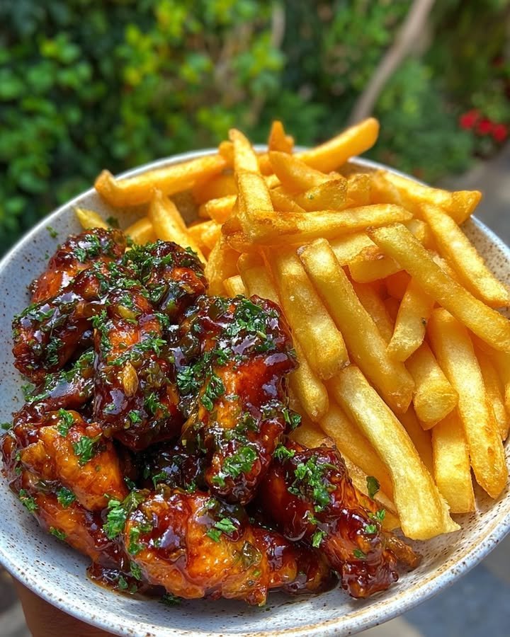 Sticky Honey Garlic Chicken Wings & Crispy Fries