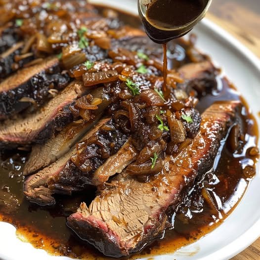 SLOW COOKER BRISKET WITH BALSAMIC ONION GRAVY