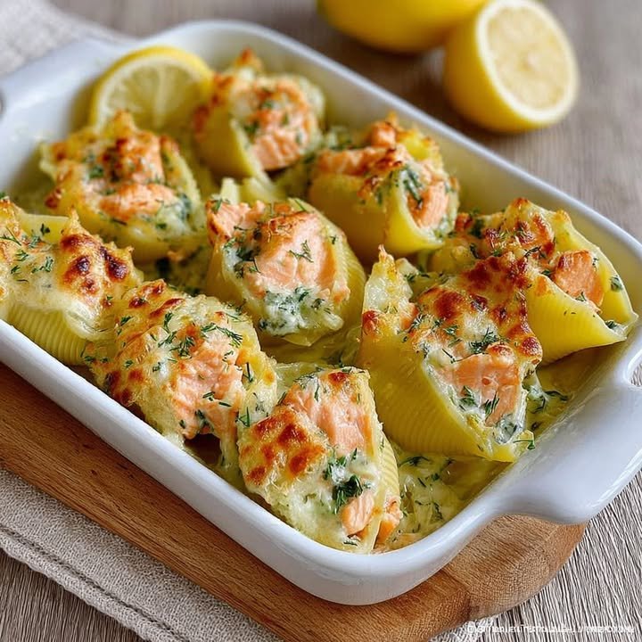 Stuffed Conchiglioni with Salmon and Gratinated Leeks