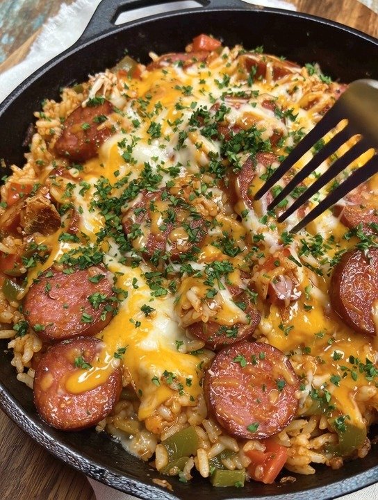 Cheesy Smoked Sausage Rice Skillet