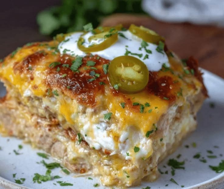 Easy Slow Cooker Green Chile Chicken Enchilada Casserole