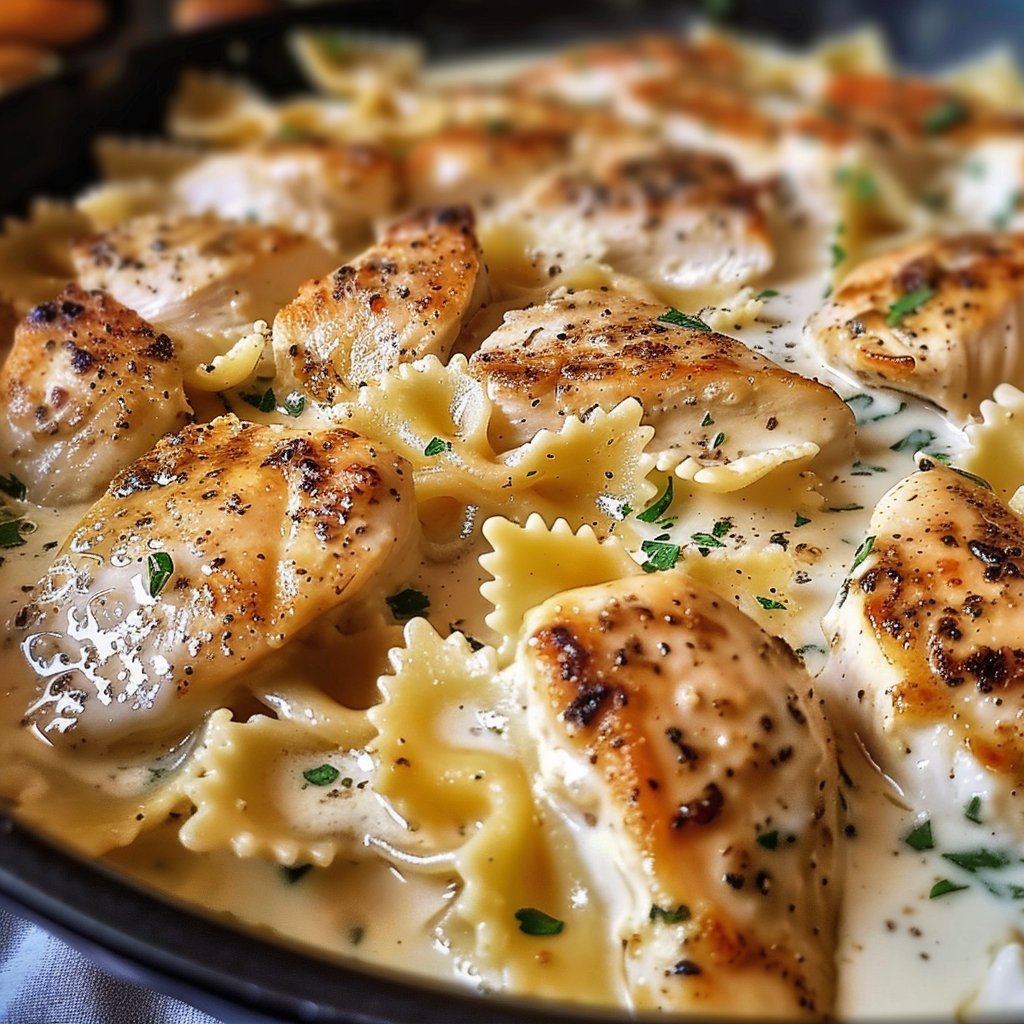 Mozzarella Garlic Butter Chicken Bowties in Cheesy Cream